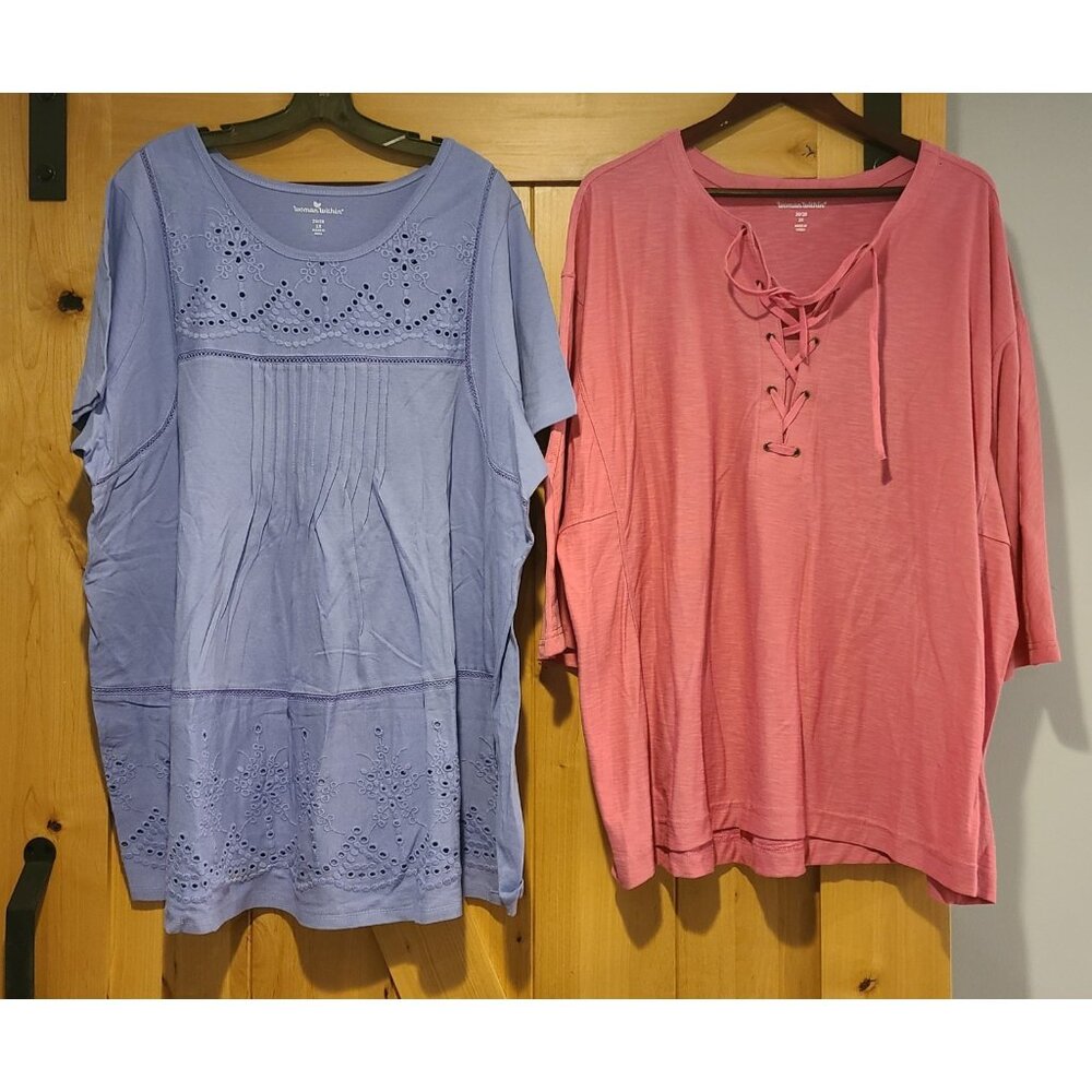 New? Lot of 2 Plus Size 26/28 Woman Within Stretch Shirt Short Sleeve Eyelet Tie